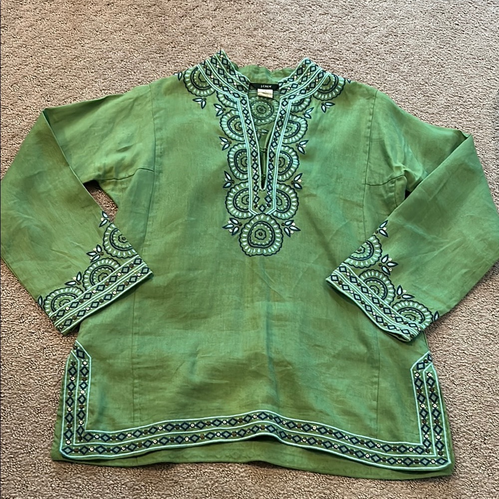 J. Crew Green and Blue Embroidered Tunic